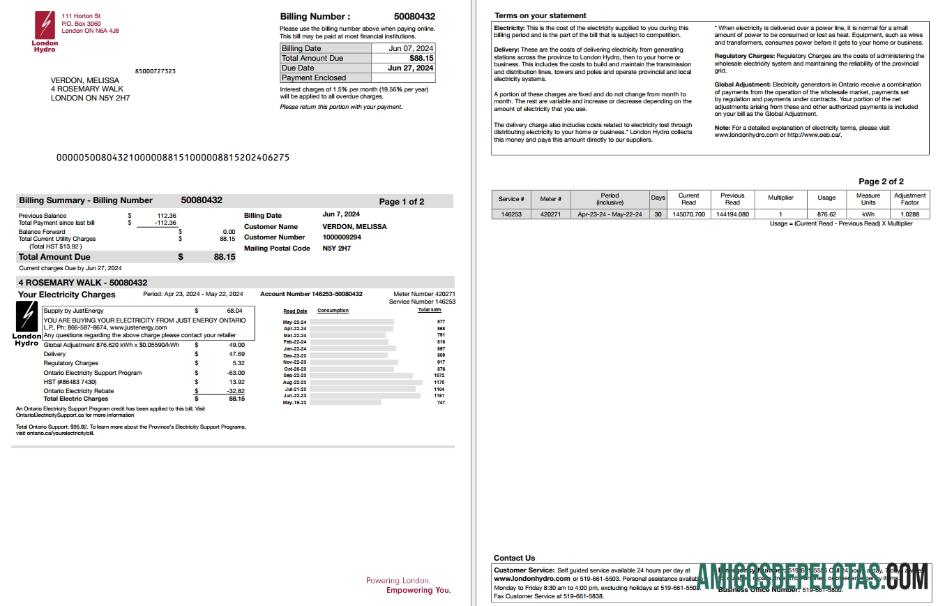 Canadá Ontário Londres Hydro Utility Bill Scr amostra